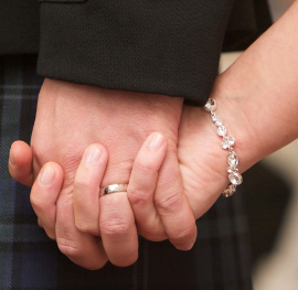 Two hands clasped with wedding rings